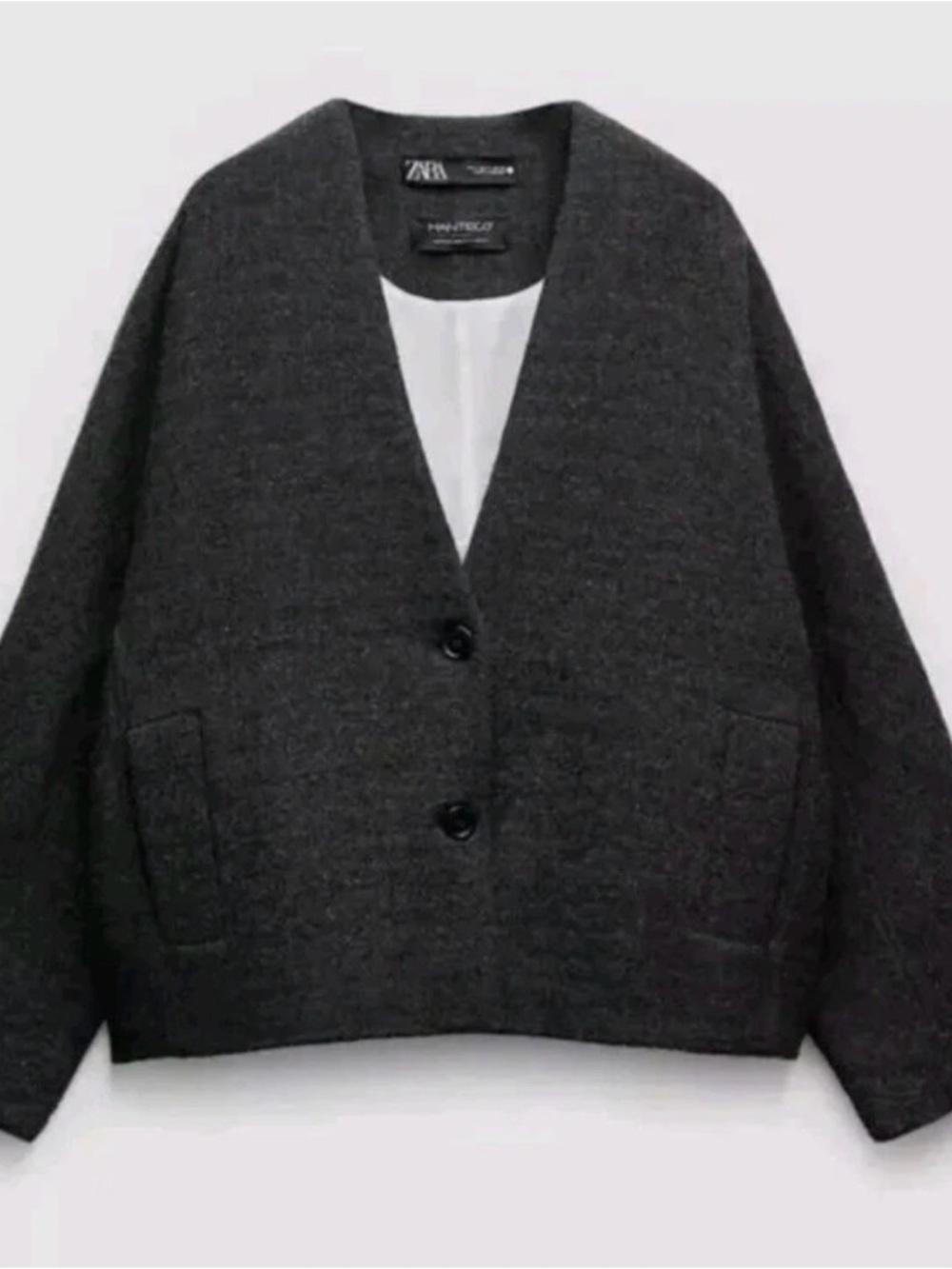 Zara Charcoal V-Neck Boxy Wool Blend Manteco jacket